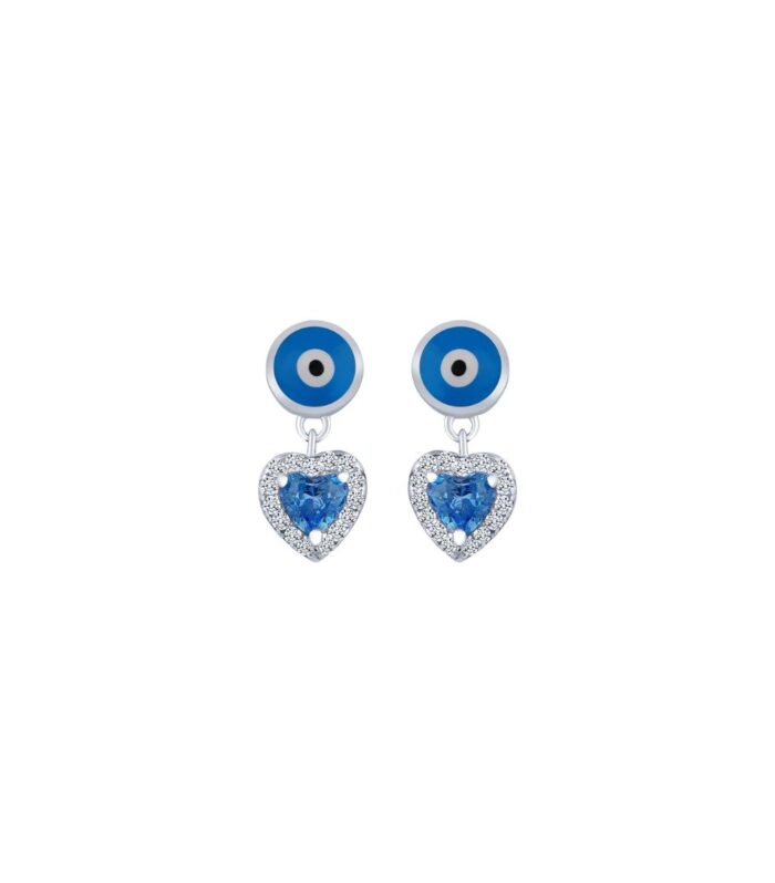 Sterling Silver Heart Drop Evil Eye Stud Earring